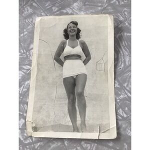 Vintage 1942 Santa Monica Beach Photo Woman in Two-Piece Swimsuit 1940s Snapshot